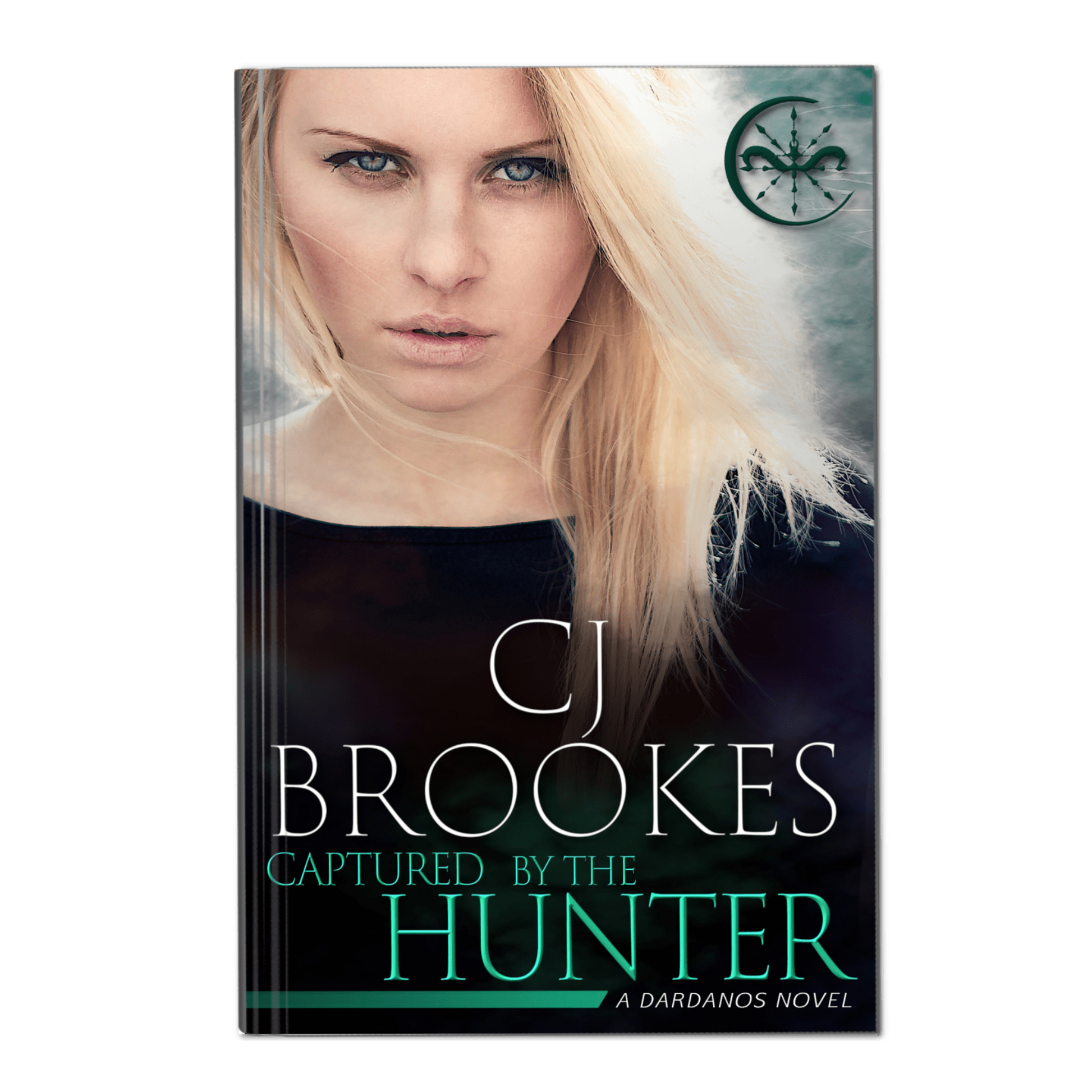 Book cover of 'Captured by the Hunter' by CJ Brookes with a woman's face and a logo.