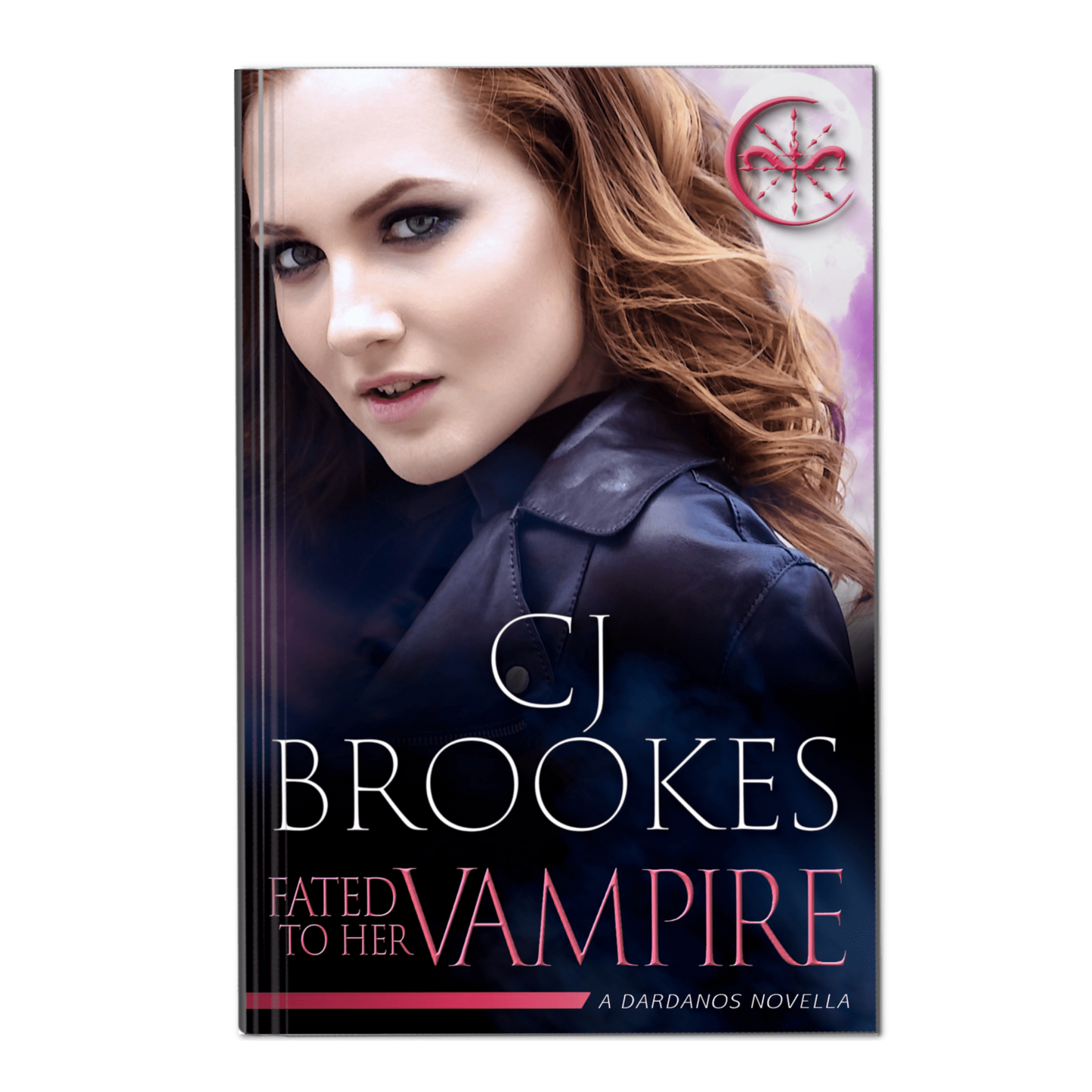 Book cover of 'Fated to Her Vampire' by CJ Brookes with a woman's face and vampire design.