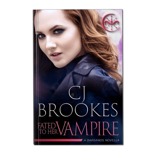 Book cover of 'Fated to Her Vampire' by CJ Brookes with a woman's face and vampire design.